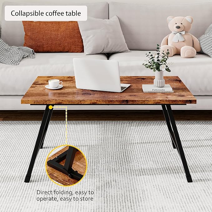 Foldable Rectangular Coffee Table - Stylish and Functional Folding Table for Living Room, Compact Design with Sturdy Frame, Ideal for Apartments, Offices, and Small Spaces,Easy Assembly,Brown
