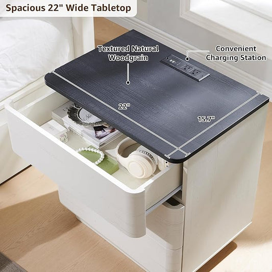 ACCOHOHO 22" Modern Nightstand Set of 2 with Charging Station, Push-to-Open 3 Drawers Bedside Table, Large End Table with Storage, Night Stand for Bedroom, Living Room, Curved Profile, Off White