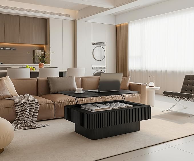 38.6'' Lift Top Fluted Coffee Table with Hidden Compartment, Modern Rectangular Wooden Center Table Cocktail Tea Table with Storage and Adjustable Height for Living Room Apartment, Black