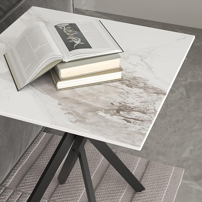 White Marble Side Coffee Table with Metal Legs, Samll Sintered Stone Square Modern End Table for Living Room Sofa Table Home Bed Office (1 Piece, 20"×20"×22")