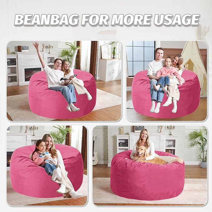 4FT Bean Bag Chair with Ultra Soft Velvet Cover Bean Bag Sofa with Memory Foam Bean Bag Chairs with Large Size Lazy Sofa for Dorm Office Living Room Bedroom Hot Pink 4'