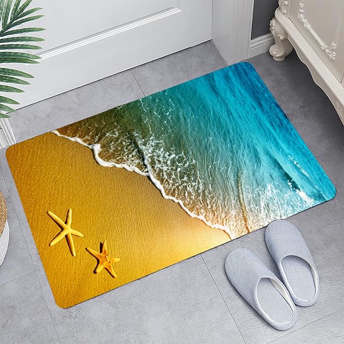Bath Rugs Sponge Foam Absorbent Soft for Bathroom and Kitchen (21X35.5 inches), Flannel Mat Non Slip Bright 3D Print for Bedside and Living Room(Starfish Beach)