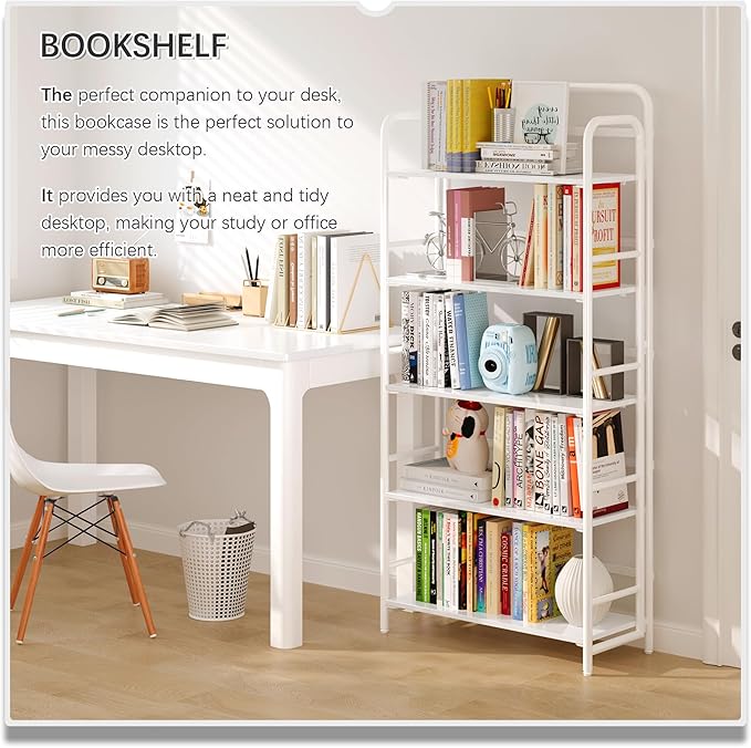4NM No Assembly Folding Bookshelf, 5 Tiers Collapsible Book Shelves Open Industrial Foldable Storage Bookcase Shelf for Bedroom, Living Room, Home Office - All White