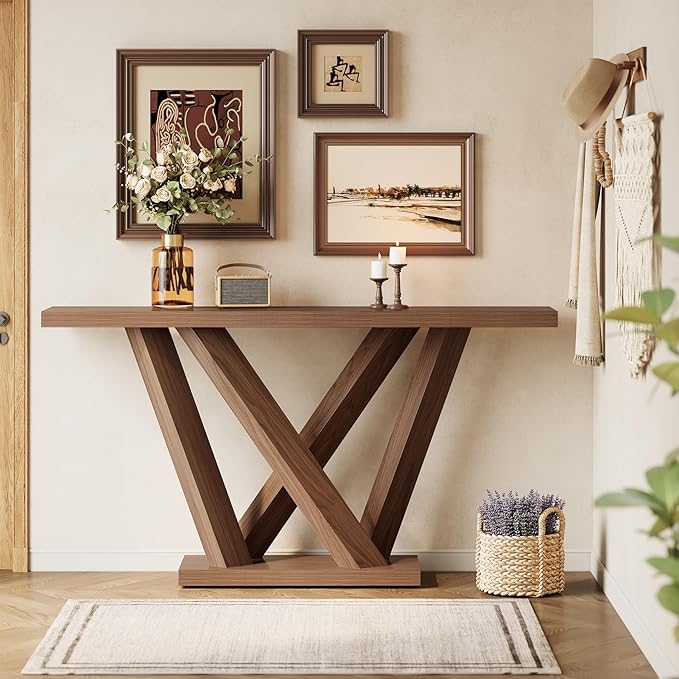 LITTLE TREE 63-Inch Console Table with Geometric Base, Modern Long Narrow Accent Sofa Table Behind The Couch, Wood Entryway Table for Hallway, Foyer, Living Room, Dark Brown
