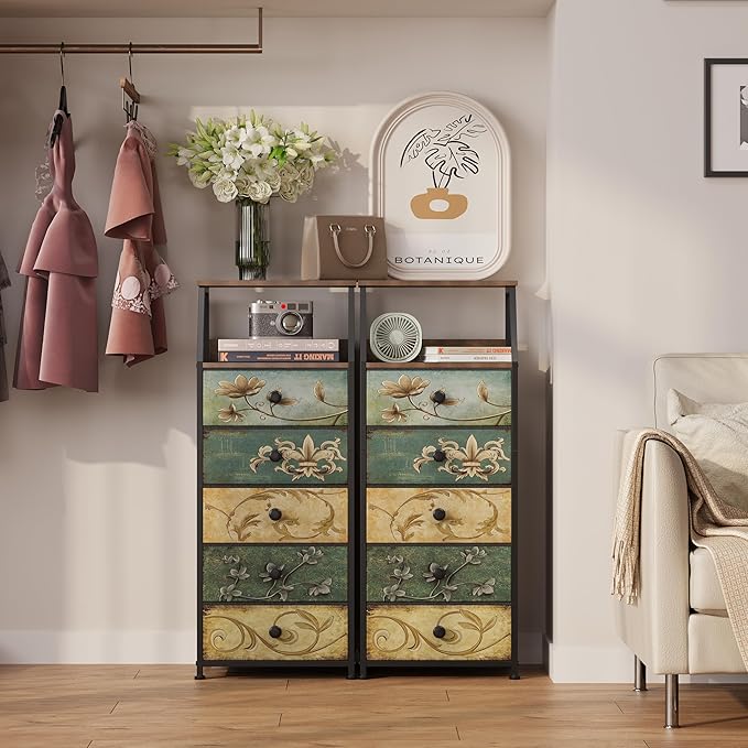 Tohomeor Nightstand with Fabric Drawers Dresser with 2 Tier Shelf Storage Tower for Bedroom Hallway Entryway Closet Organizer Sofa Beside Table Furniture (Multi, 5 Drawers)