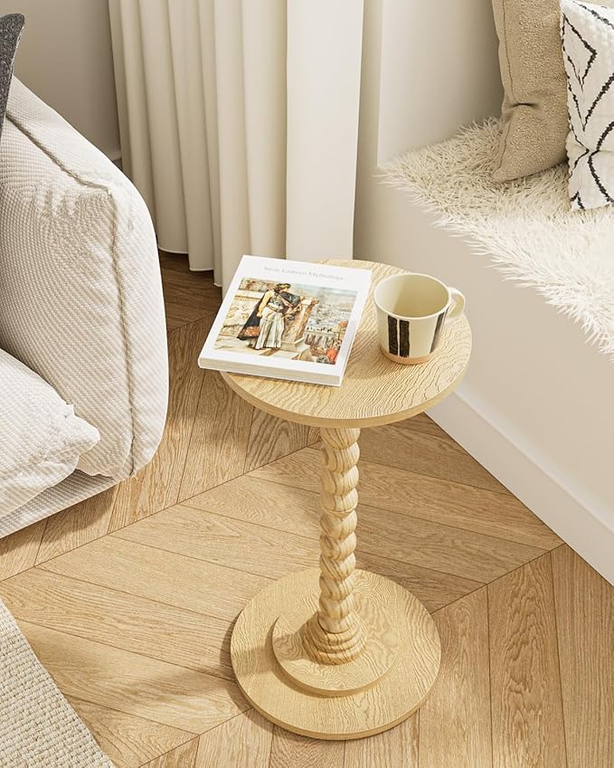 Masupu Round Side Table, Small End Table for Small Spaces, Pedestal Drink Table with Solid Wood Leg for Living Room, Bedroom, Corners(Natural)