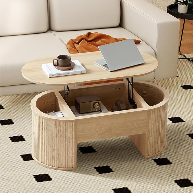 ORRD Lift Top Coffee Table, Fluted Coffee Table with Lifting Top, Wooden Lift Up Dining Table with Hidden Compartment, Center Table for Living Room, Office - Oak