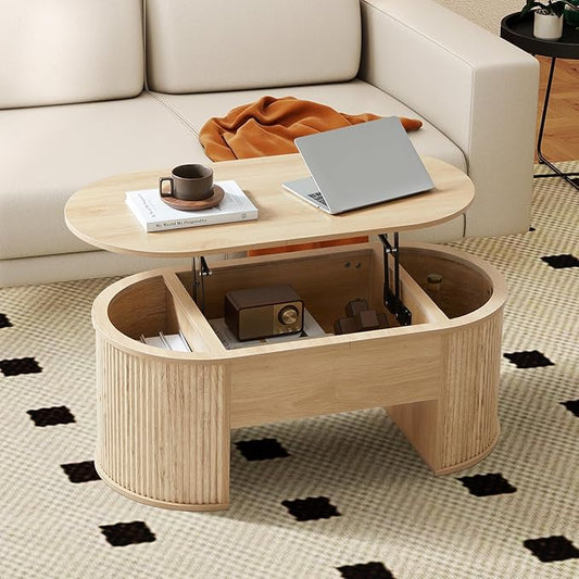 ORRD Lift Top Coffee Table, Fluted Coffee Table with Lifting Top, Wooden Lift Up Dining Table with Hidden Compartment, Center Table for Living Room, Office - Oak