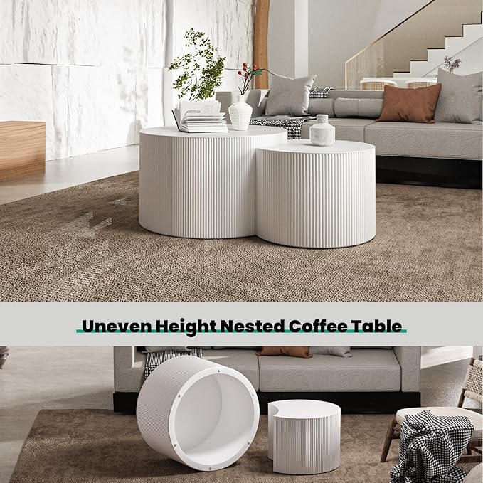 Round Nesting Coffee Table Set of 2 Handcraft Circle Fluted Nesting Coffee Tables Circular Side Table Drum Accent End Tables for Living Room Bedroom (White B Small)