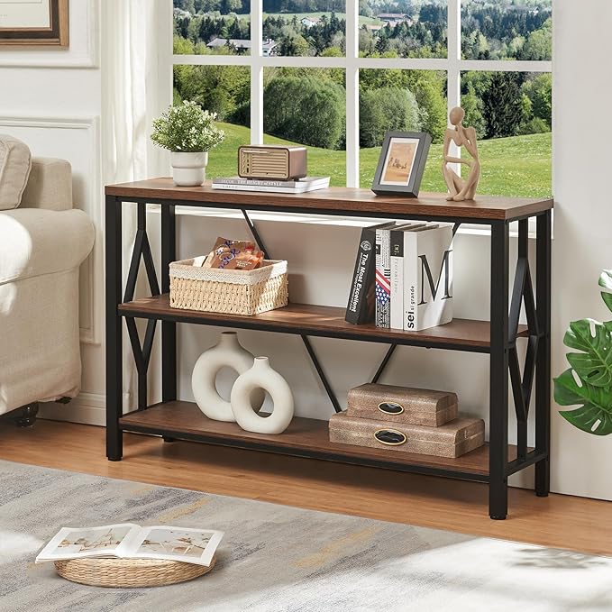 HOMISSUE Sofa Console Table, Rustic Console Table with 3-Tier Storage, Engineered Wood Sofa Tables with Open Shelves, Heavy Duty Entryway Tables for Living Room, Hallway (47 Inch, Rustic Brown)