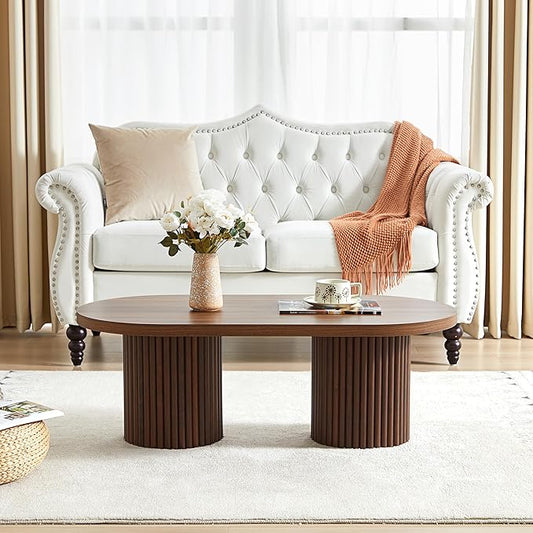 AVZEAR Oval Fluted Coffee Table for Living Room, Mid Century Modern Coffee Table with Fluted Legs, Curved Round Wooden Center Table for Home, Office, Cafe, Vintage Walnut (39.38" x 19.69" x 13.78")