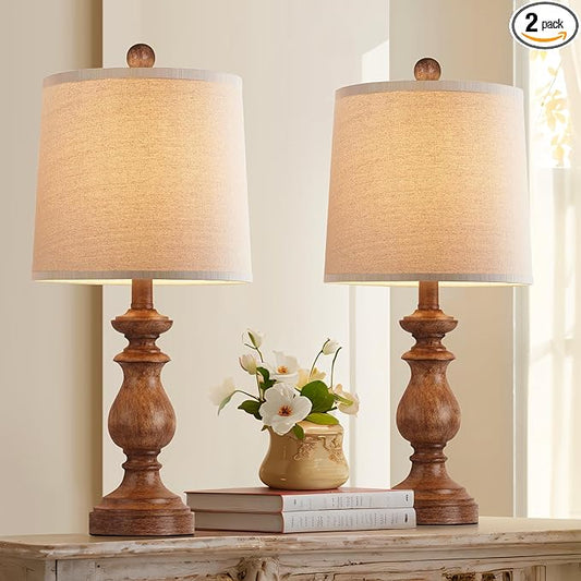 PARTPHONER Traditional Table Lamp Set of 2, Rustic Farmhouse Table Lamps for Living Room Bedroom, 22" Bedside Desk Lamps Vintage Nightstand Lamps with Linen Shades, Wood Grain