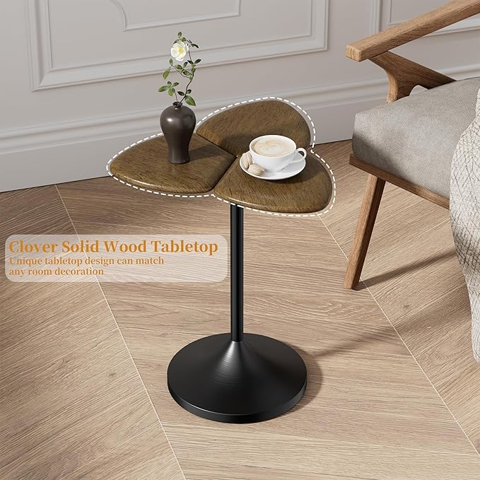 Aoligrace Clover Side Table, Solid Wood End Table, Unique Accent Side Table for Small Spaces, Wooden Small Coffee Table for Couch, Living Room, Bedroom Dec(Walnut)