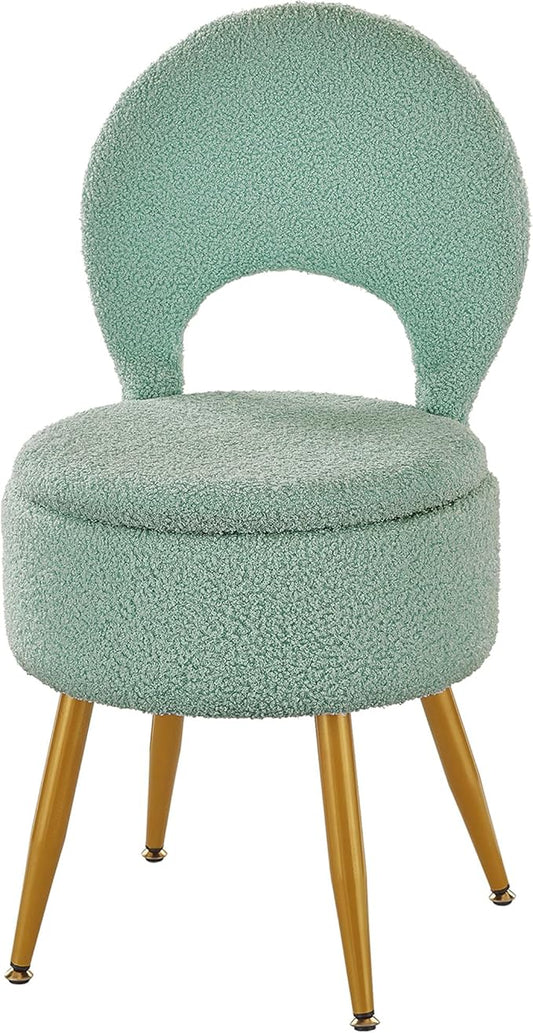 Vanity Stool with Storage and Backrest, Folding Back & Velvet Seat, Footrest, Round Ottoman with Sherpa, Vanity Chair with Storage, Ideal for Bedroom, Living Room, and Makeup Stations