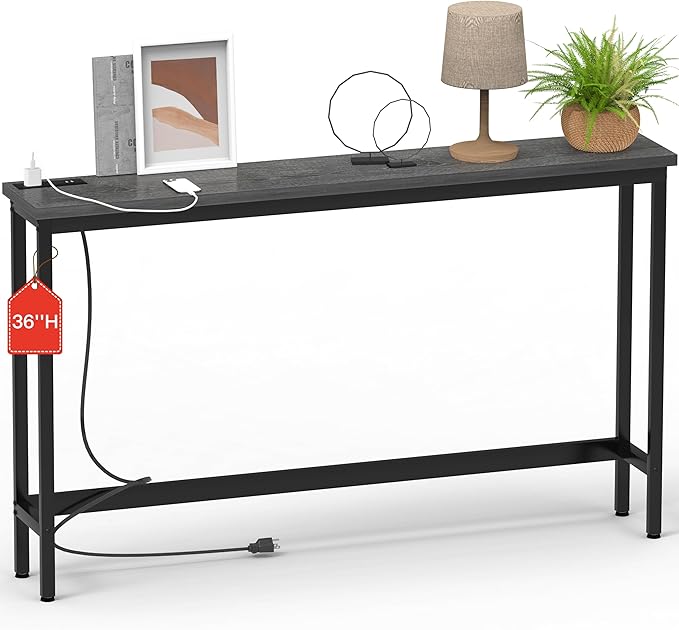 35'' High Behind Couch Table, Narrow Console Table with Outlet, Sofa Table for Entryway Hallway, Living Room, Black, Grey