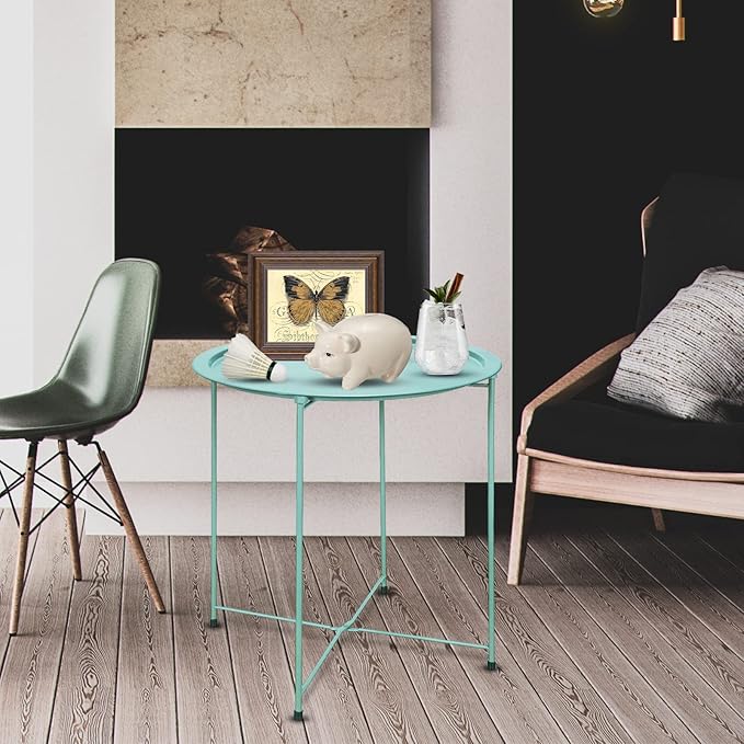 VILAWLENCE Metal End Table Side Table Round Folding Tray Small Accent Fold-able Side Table Tray,Outdoor Side Next to Sofa Table, Snack Table for Living Room and Bed Room 18.5 in (Green)