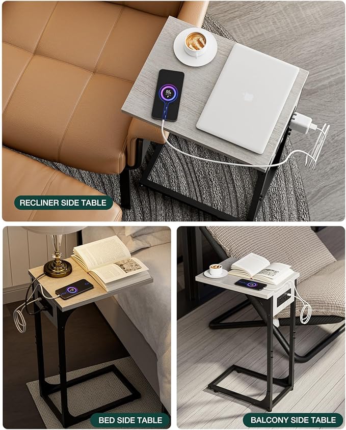 C-Shaped Side Table for Couch - Small Coffee Stand Sofa Tray Desk with Metal Frame Waterproof Scratch Resistant Wood Top and Built-in Charging Station, Greige