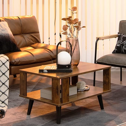 Giantex Small Wood Coffee Table, 2-Tier Tea Table w/Open Storage Shelf & Supportive Legs, Easy Assembly, Mid-Century Center Table for Living Room, Reception Room