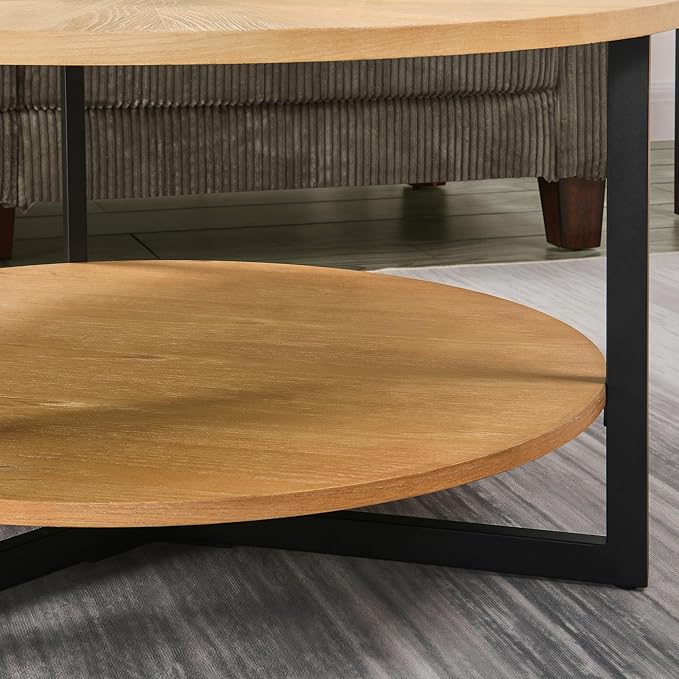 Round Coffee Table with Storage Shelf, 33.5in Circle Accent Center Table with Black Metal Legs, 2-Tier Industrial Cocktail Table for Living Room, Oak-1338OA