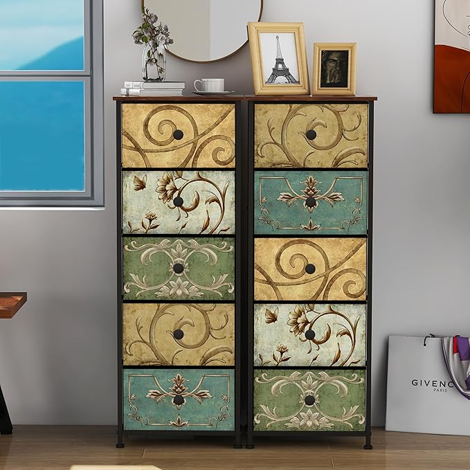 Tohomeor Small Dresser for Bedroom with Retro Flower Narrow Drawers Slim Chest of Drawers Skinny Nightstand Sofa End Table for Living Room Entryway Closet Storage (Multi, 5 Drawers)