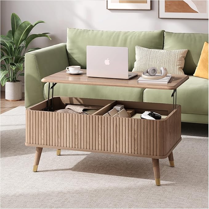 Lift Top Coffee Table with Storage Shelf & Hidden Compartment, Mid Century Modern Fluted Rectangle Dining Table for Living Room, Home Office, Natural Oak
