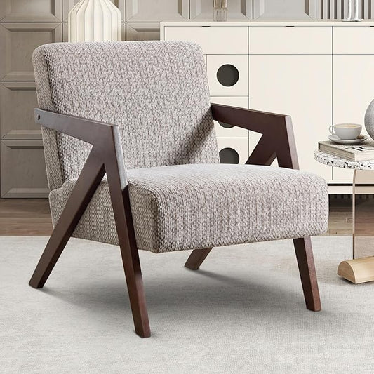 INZOY Mid Century Modern Accent Chair with Wood Frame, Upholstered Reading Armchair with Soft Linen Fabric, Accent Chair for Living Room Bedroom Apartment, Easy Assembly, Grey