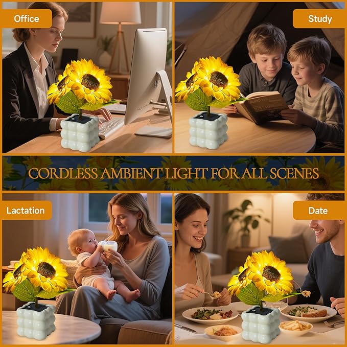 Flower Table Lamp, Touch Stepless Dimming Night Light, USB Rechargeable Small Desk Lamp, LED Sunflowers Artificial Flowers Lamp Aesthetic for Bedroom Home Decor (Sunflower-B)