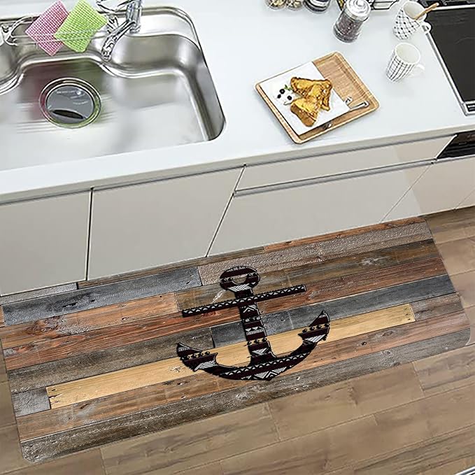 Bath Rugs Sponge Foam Absorbent Soft for Bathroom and Kitchen (71 x 24 inches),Flannel Mat Non Slip Bright 3D Print for Bedside and Living Room(Old Wooden Plank Anchor)