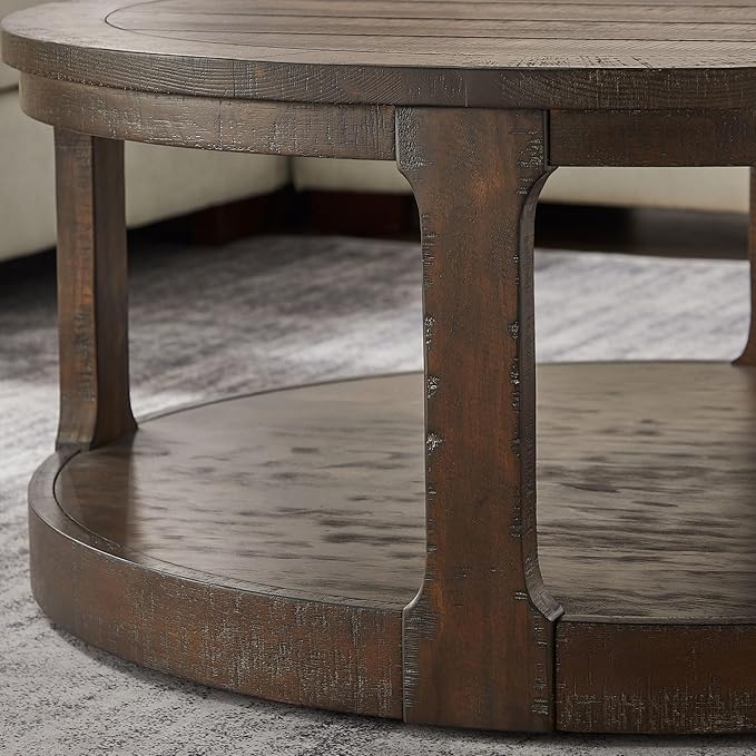 40'' Brown Round Coffee Table, Round End Table 2 Tier Wood Coffee Table Round Circle Coffee Table for Living Room, Traditional Retro Farmhouse Style Rounded Wooden Table for Office(ø40'' x 17.52'')