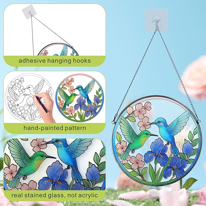 Stained Glass Sun Cather for Window Hanging, 6.3'' Hummingbird Suncatcher with Flowers for Indoor Ornament, Bird Stain Glass Home Decor for Women, Mother