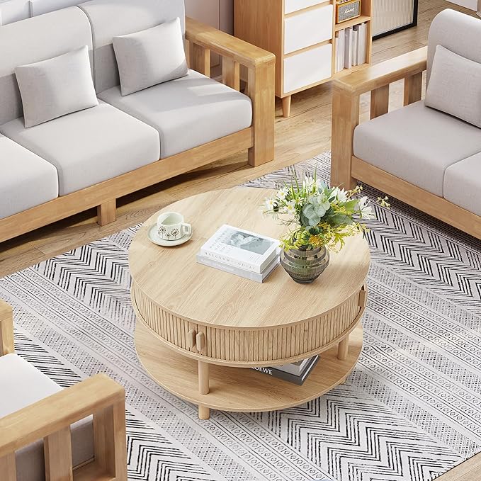 31.5” Round Coffee Table with Storage, Mid Century Modern 2 Tier Coffee Table with Tambour Sliding Door, Solid Wood Legs Fluted Center Table for Living Room Home Office Small Space, Natural