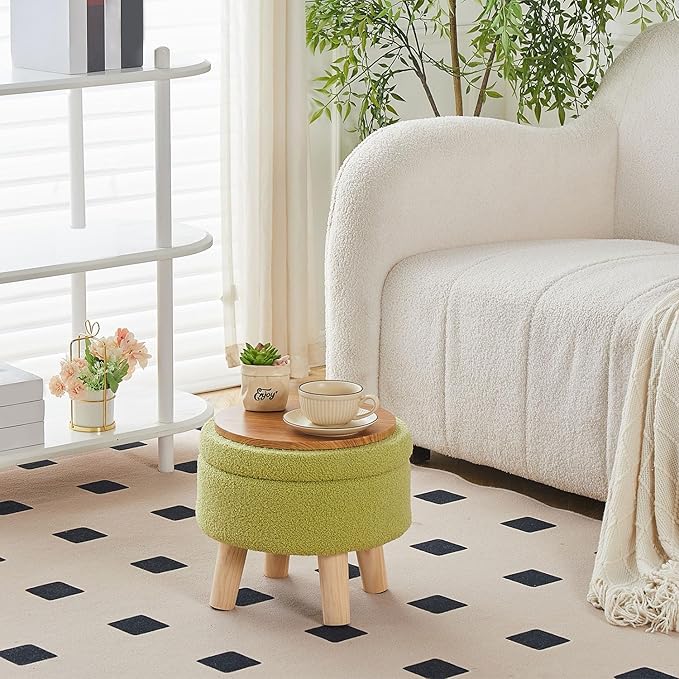 Wimarsbon Storage Ottoman, Modern Round Footrest with Soft Padded Seat, Teddy Velvet Footstool with Wood Legs, Accent Small Table or Plant Stand for Hallway, Living Room (Brilliant Green)