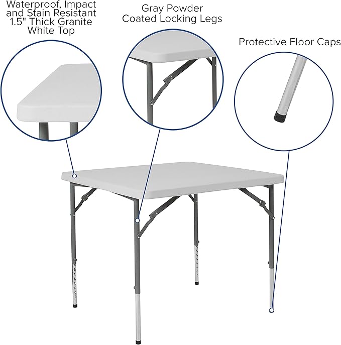 EMMA + OLIVER 2.79-Foot Square Height Adjustable Granite White Plastic Folding Table