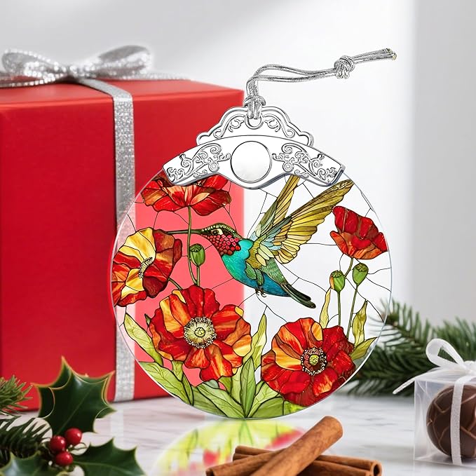 Hummingbird & Poppy Stained Glass Christmas Ornament – Christmas Tree Ornament & Holiday Decor, Gift for Hummingbird Lovers, Ideal Holiday Present & Xmas Gift