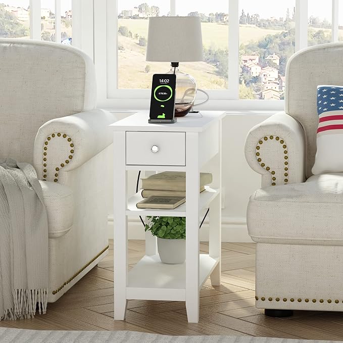 ChooChoo Narrow End Table with Charging Station, Side Table Living Room with USB Ports & Power Outlets and Hidden Drawer, 3-Tier Skinny Nightstand with 2 Open Storage Shelves for Small Place (White)