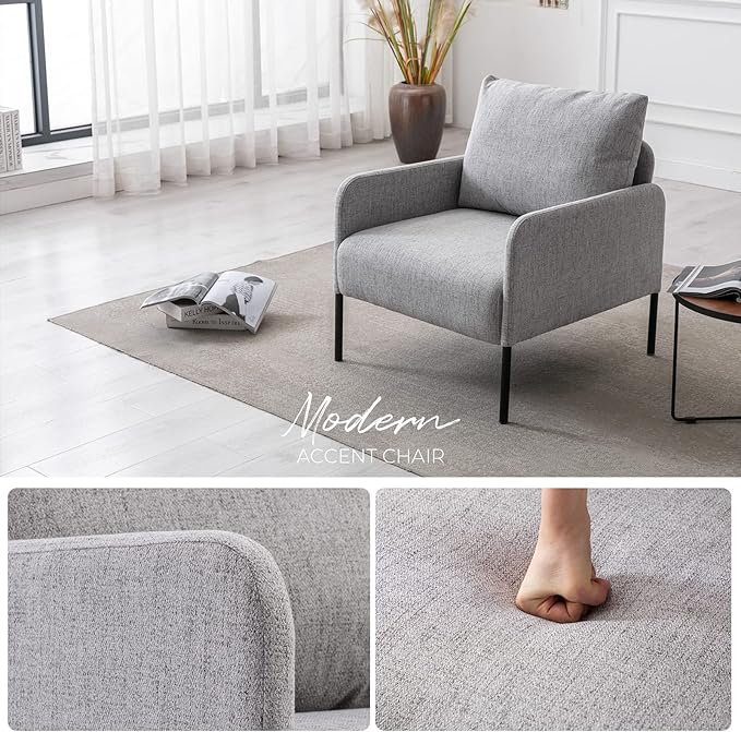 Linen Fabric Living Room Accent Chairs Bedroom Single Sofa Chair, Upholstered Reading Arm Chair Modern Couch w/Comfy Pillow for Waiting Room/Apartment/Dorm, Grey