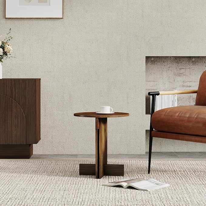 Wooden Round Side Table, Small Drink End Table, Cocktail Table, Modern Accent Night Stand with Wooden Base, Plants Stand for Living Room/Bedroom, Corners, Office, Small Space, Walnut