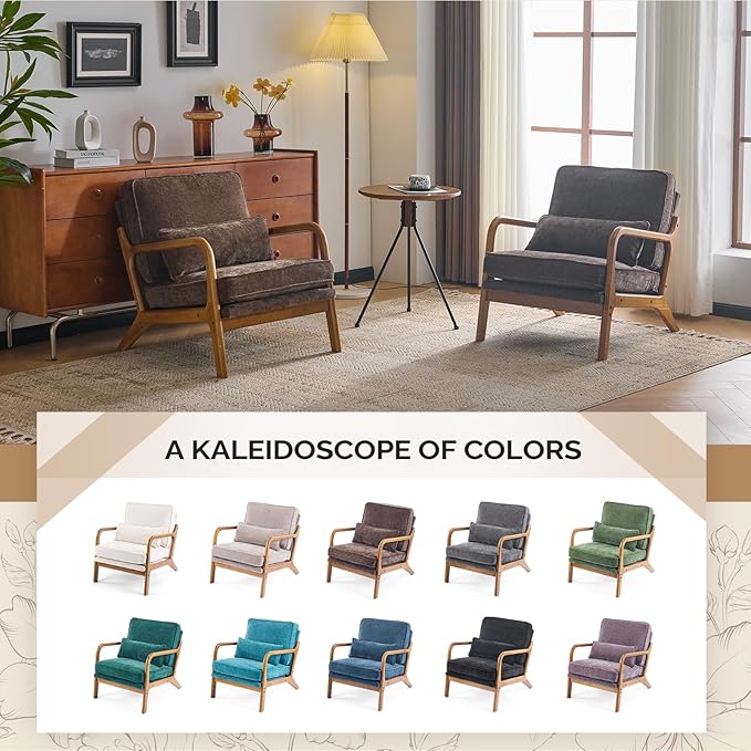 VINGLI Chenille Mid-Century Modern Accent Chair, Cute Reading Arm Chair with Cushion & Lumbar Pillow & Solid Wood Frame for Lounge, Living Room, Reading Room, Bedroom, Espresso