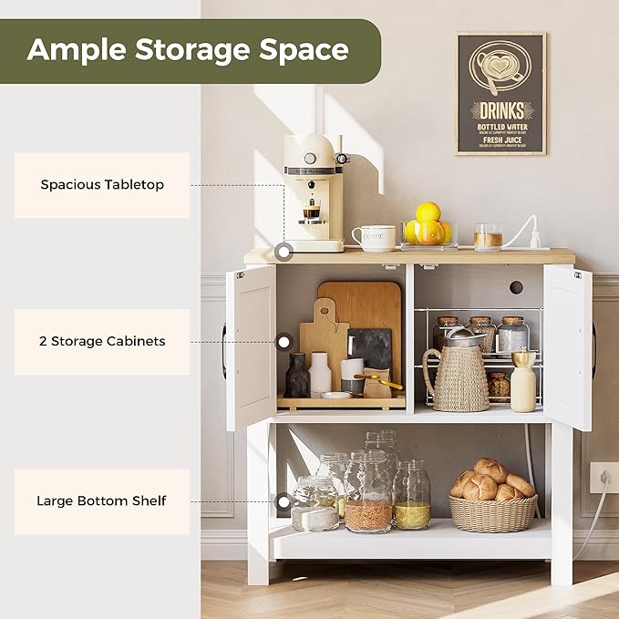 IRONCK Farmhouse Console Table with Storage Cabinet, Entryway Table with Shelf, Coffee Bar with Power Outlets for Hallway Kitchen Living Room, White