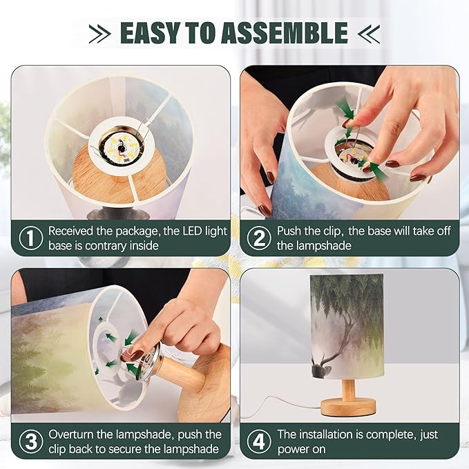 Table Lamp Antler Deer Nightstand Lamp with Wood Base Fabric Lamp Shade Bedside Desk Lamp for Living Room Bedroom Kids Room Office