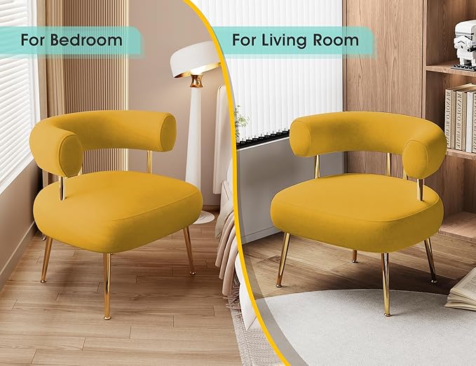Modern Velvet Accent Chair, Round Upholstered Barrel Armchair for Small Spaces, Fluffy Side Corner Sofa Chair for Living Room, Bedroom(Yellow)