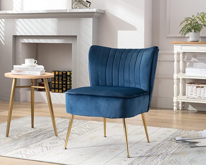 Velvet Accent Chair Set of 2 Comfy Living Room Chair Armless Slipper Chair Mid Century Side Single Sofa Chair with Golden Legs Wingback for Bedroom Guest Room, Blue