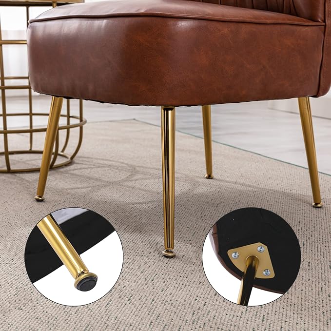 PU Leather Accent Chair Set of 2 - Comfy Armless Slipper Mid Century Side Chair With Golden Legs - Wingback Single Sofa for Living Room, Bedroom, Guest Room - Brown