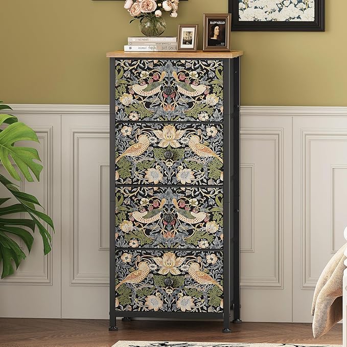 Dresser for Bedroom with 4 Drawer Strawberry Thief Dresser Vintage Storage Tower Unit Nightstand for Living Room Hallway Kids Room Closet Sturdy Steel Frame Wooden Top, Brown