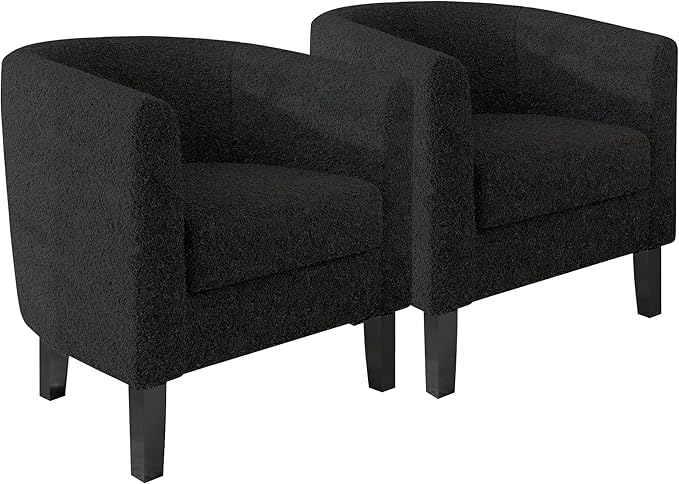 BELLEZE Living Room Chairs Set of 2, Teddy Polyester Accent Barrel Chairs, Club Tub Sofa Chairs for Bedroom, Corner Chairs with Flared Legs and Cozy Soft Padding - Highland (Teddy Black)