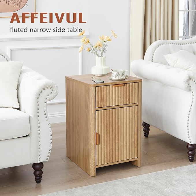 Fluted Narrow End Table with Charging Station, Boho Side Table with Drawer Storage, Small Night Stand with Power Outlets and USB Ports, Sofa Side Table for Living Room - Natural