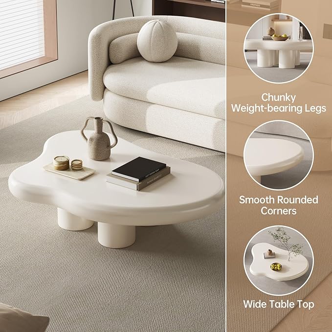 46.06" Cloud Shaped Coffee Table for Living Room,Cream Style Center Table with 4 Legs,Cute Side Table, Tea Table for Home, Easy Assembly, Cream White
