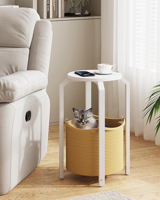 TUTOTAK Small Side Table, Round End Table, Night Stand, Bedside Table, Sofa Table with Storage Basket, Living Room, Bed Room, White and Beige TB01BWN092