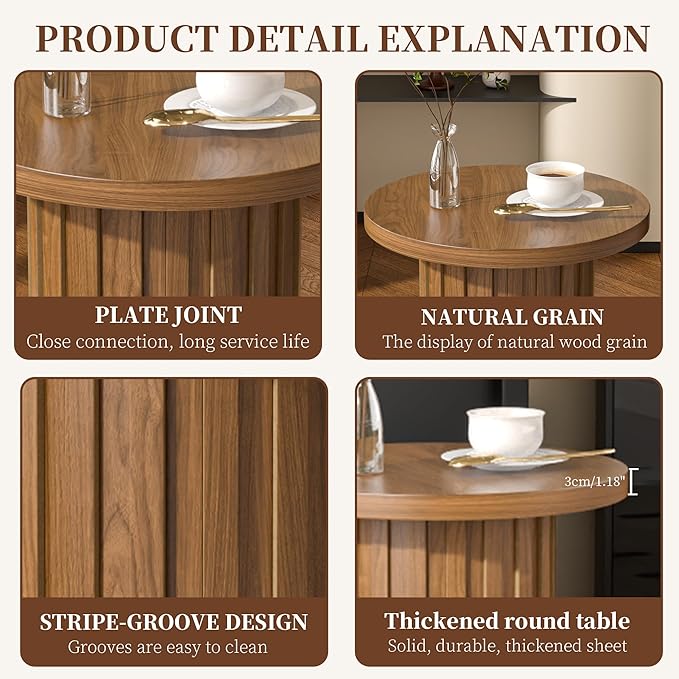 Farmhouse Pedestal End Table Round Side Table with Fluted Panel Rustic Drink Table for Small Space Living Room (Walnut)