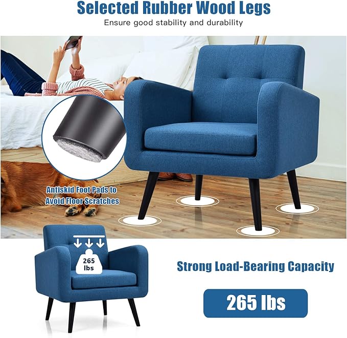 Giantex Upholstered Accent Chair, Modern Mid Century Linen Fabric Living Room Chair with Arms, Max Load 265 Lbs, Comfy Tufted Single Sofa for Reading, Bedroom, Office, Club, Blue